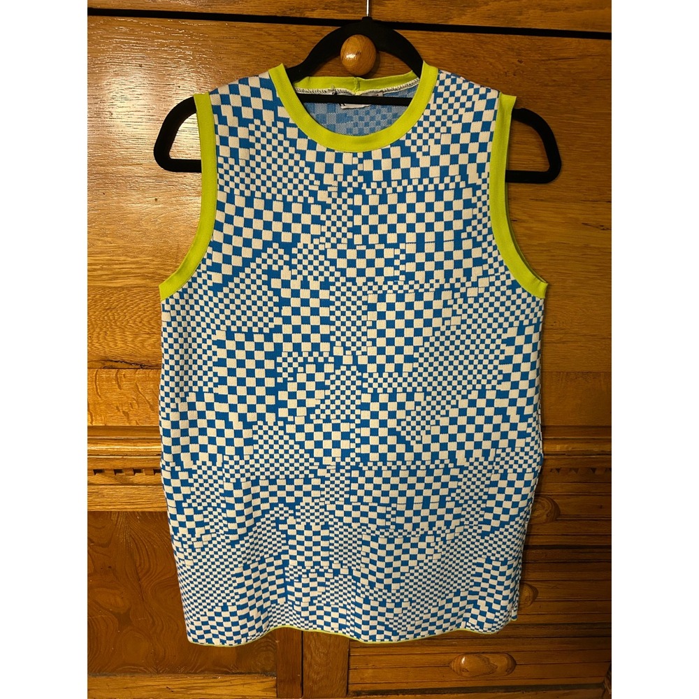 Zara Y2K 60s Mod Indie Blue White Checkered Knit Mini Dress Neon Lime Trim S